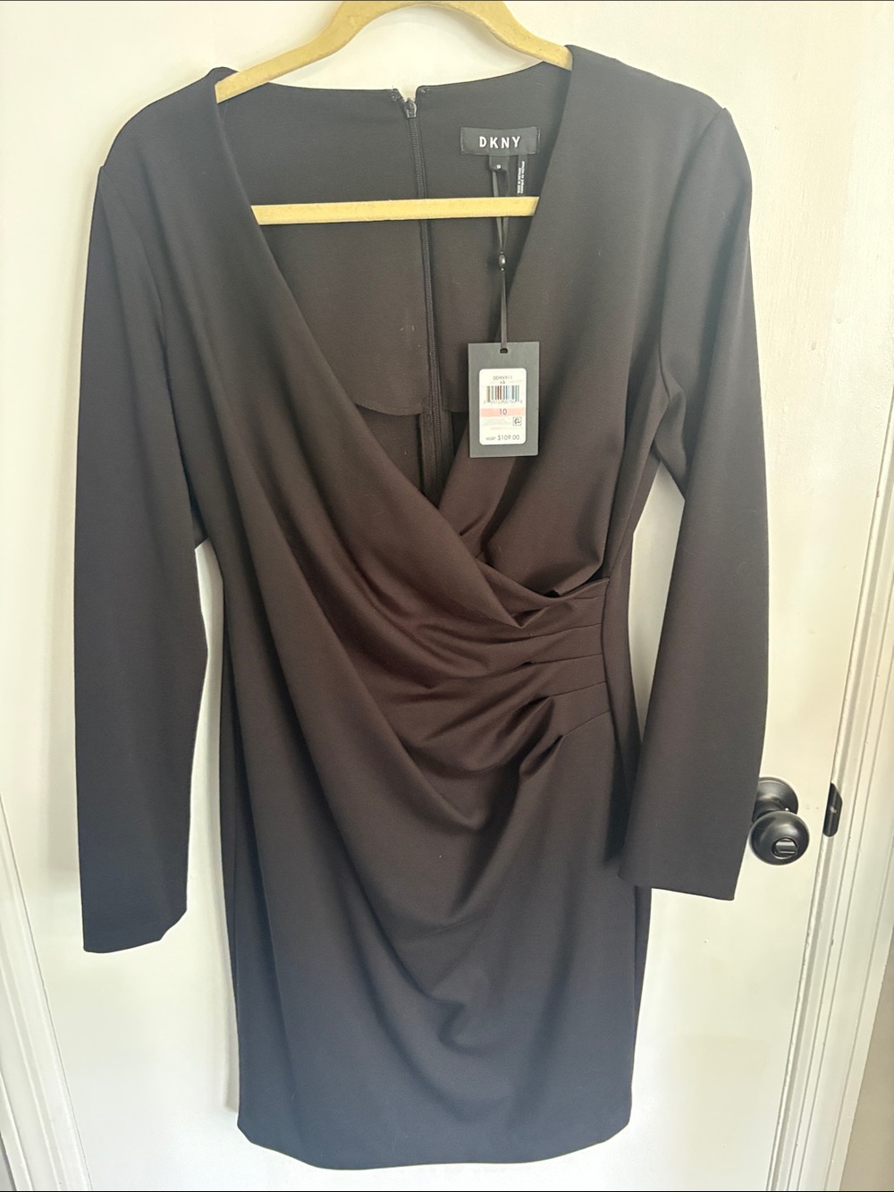 DKNY Black Long-Sleeve Wrap-Front Sheath Dress with Side Ruching